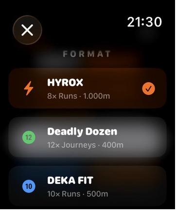 Apple Watch showing GritRace race format selection screen