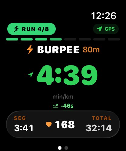 Apple Watch showing GritRace mid-race with live pace, split and heart rate